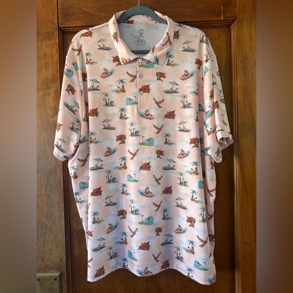 C Wonder Tropical Beach Scene Golf Polo Shirt - Vintage Vacation Vibes! - XXL